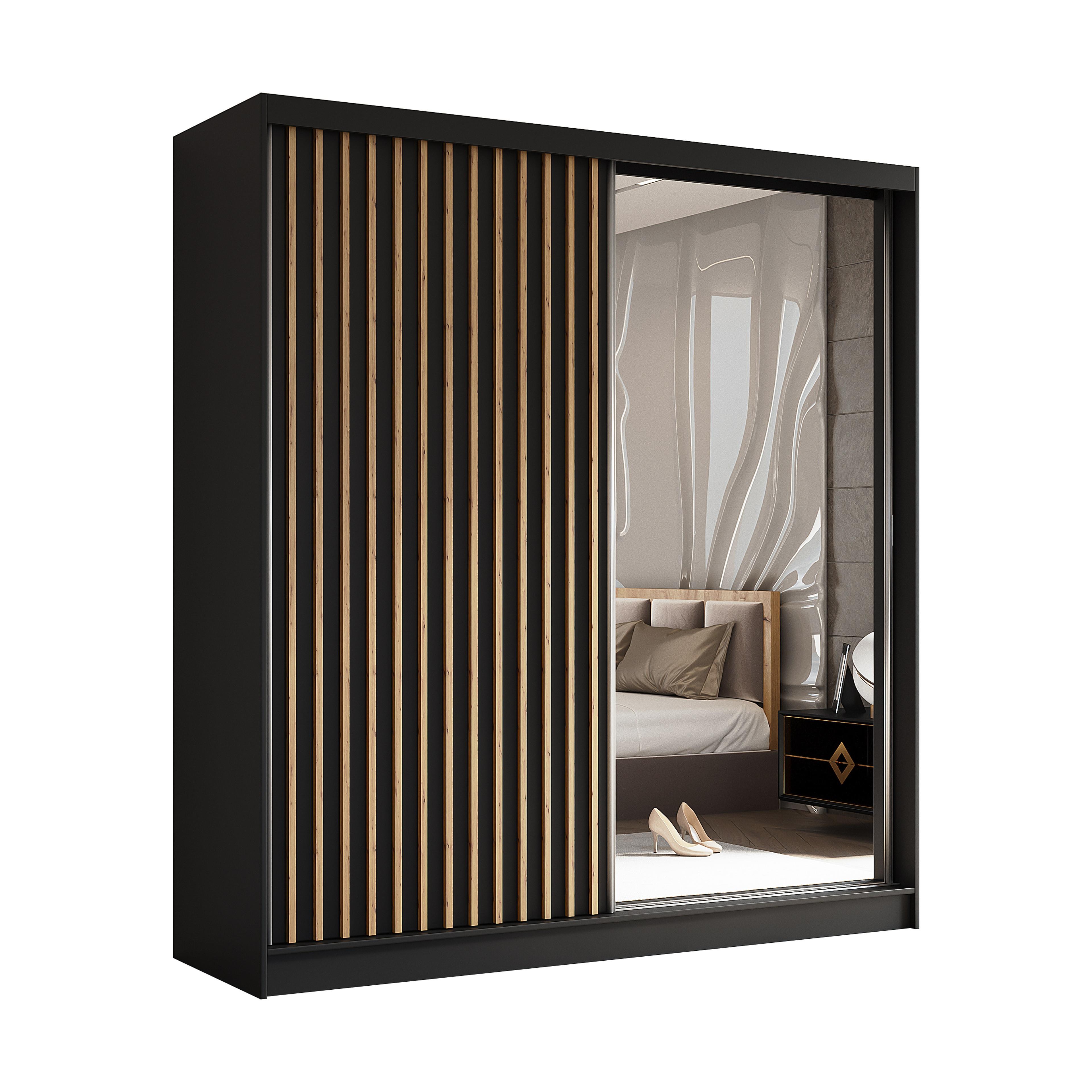 wohnli-moebel-suche-800001327226 Wohnli Möbelsuche - SCHWEBETÜRENSCHRANK LAMELLO 200/216/61 cm 2-türig mit Spiegel Schwarz