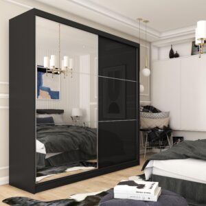 wohnli-moebel-suche-800001327228-1 SCHWEBETÜRENSCHRANK VITALE 200/216/61 cm 2-türig mit Spiegel Schwarz Holzwerkstoff MASSENO Möbel > Schränke > Kleiderschränke > Schwebetürenschränke Schwarz