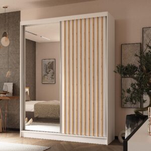 wohnli-moebel-suche-800001327230-1 SCHWEBETÜRENSCHRANK LAMELLO 160/216/61 cm 2-türig mit Spiegel Weiß Holzwerkstoff MASSENO Möbel > Schränke > Kleiderschränke > Schwebetürenschränke Weiß