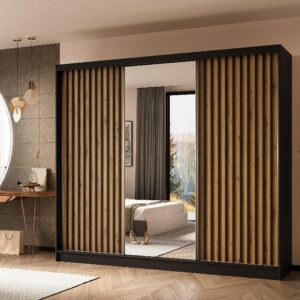 wohnli-moebel-suche-800001327234-1 SCHWEBETÜRENSCHRANK LAMELLO 240/216/61 cm 3-türig mit Spiegel Schwarz Holzwerkstoff MASSENO Möbel > Schränke > Kleiderschränke > Schwebetürenschränke Schwarz