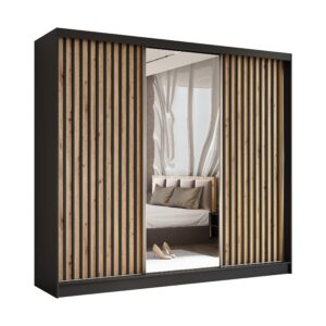 wohnli-moebel-suche-800001327234 Wohnli Möbelsuche - SCHWEBETÜRENSCHRANK LAMELLO 240/216/61 cm 3-türig mit Spiegel Schwarz