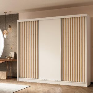 wohnli-moebel-suche-800001327242-1 SCHWEBETÜRENSCHRANK LAMELLO 240/216/61 cm 3-türig Weiß Holzwerkstoff MASSENO Möbel > Schränke > Kleiderschränke > Schwebetürenschränke Weiß