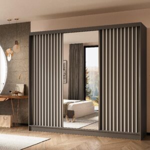 wohnli-moebel-suche-800001327256-1 SCHWEBETÜRENSCHRANK LAMELLO 240/216/61 cm 3-türig mit Spiegel Grau Holzwerkstoff MASSENO Möbel > Schränke > Kleiderschränke > Schwebetürenschränke Grau