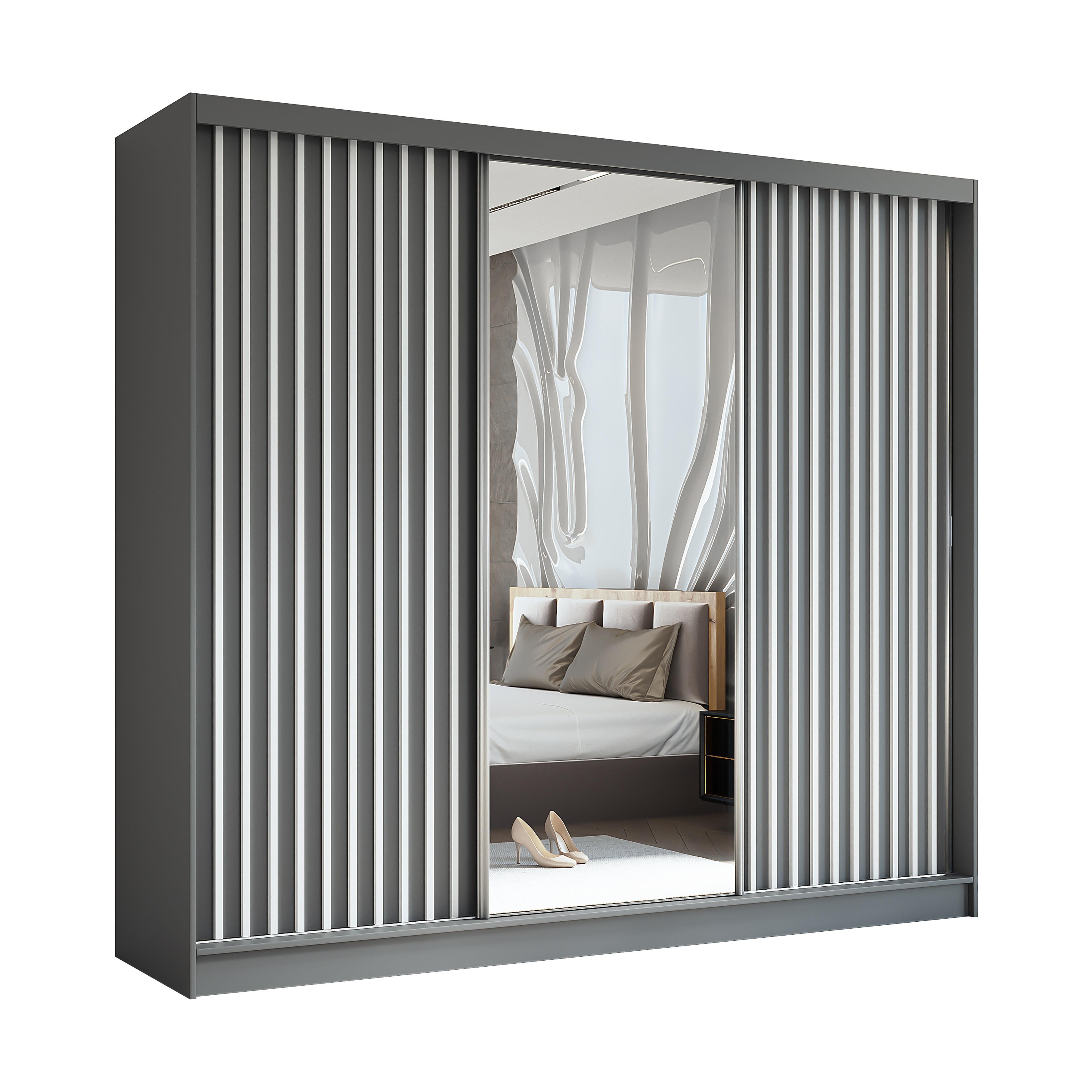 wohnli-moebel-suche-800001327256 Wohnli Möbelsuche - SCHWEBETÜRENSCHRANK LAMELLO 240/216/61 cm 3-türig mit Spiegel Grau