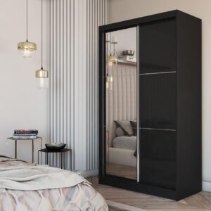 wohnli-moebel-suche-800001327263-1 SCHWEBETÜRENSCHRANK VITALE 120/216/61 cm 2-türig mit Spiegel Schwarz Holzwerkstoff MASSENO Möbel > Schränke > Kleiderschränke > Schwebetürenschränke Schwarz