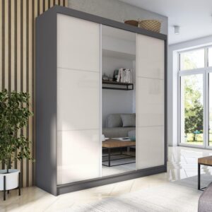 wohnli-moebel-suche-800001327271-1 SCHWEBETÜRENSCHRANK VITALE 180/216/61 cm 3-türig mit Spiegel Grau Holzwerkstoff MASSENO Möbel > Schränke > Kleiderschränke > Schwebetürenschränke Grau