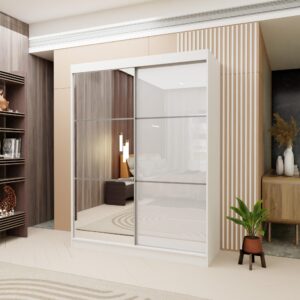 wohnli-moebel-suche-800001327284-1 SCHWEBETÜRENSCHRANK VITALE 150/216/61 cm 2-türig mit Spiegel Weiß Holzwerkstoff MASSENO Möbel > Schränke > Kleiderschränke > Schwebetürenschränke Weiß