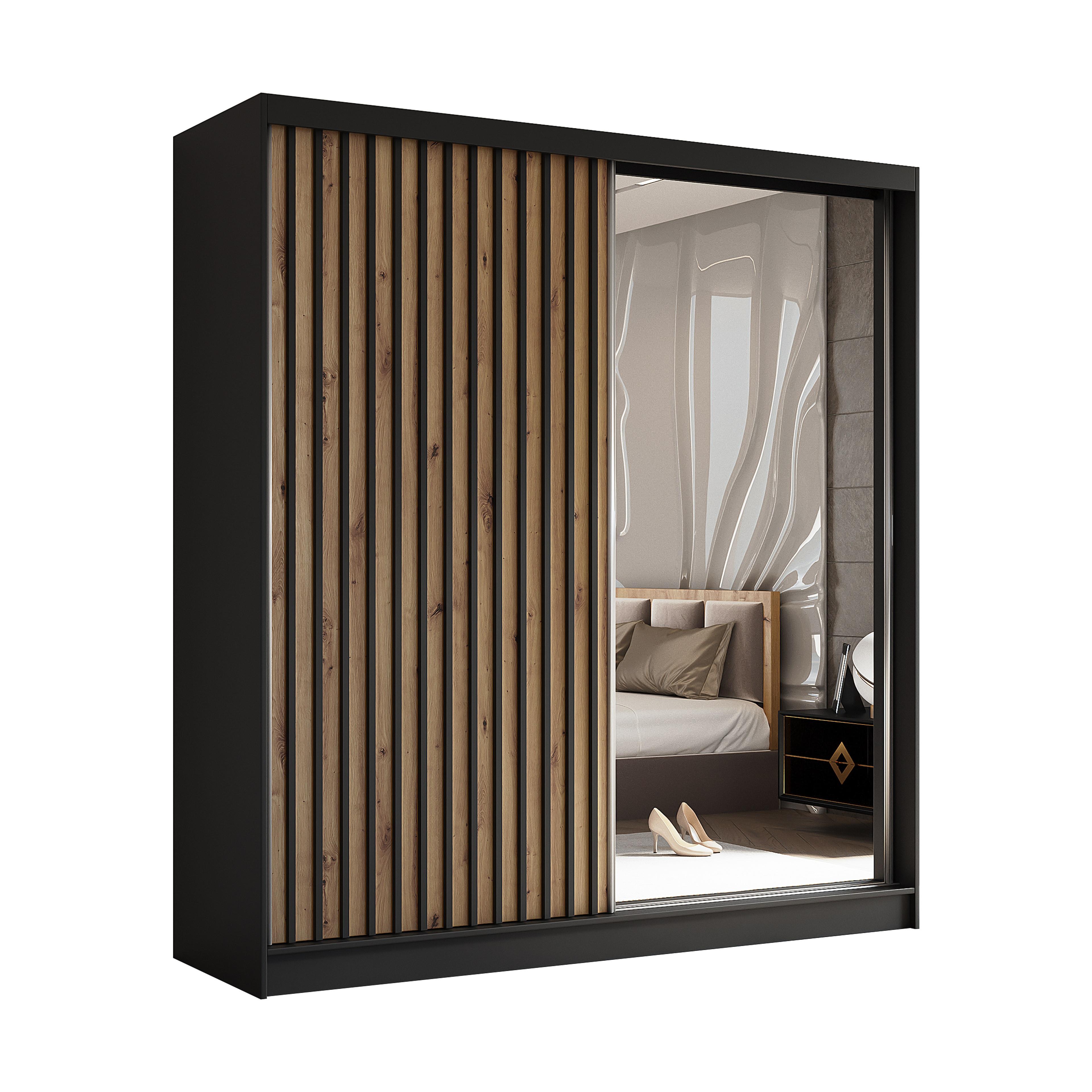 wohnli-moebel-suche-800001327287 Wohnli Möbelsuche - SCHWEBETÜRENSCHRANK LAMELLO 200/216/61 cm 2-türig mit Spiegel Schwarz