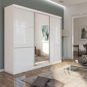 wohnli-moebel-suche-800001327297-1 SCHWEBETÜRENSCHRANK VITALE 240/216/61 cm 3-türig mit Spiegel Weiß Holzwerkstoff MASSENO Möbel > Schränke > Kleiderschränke > Schwebetürenschränke Weiß
