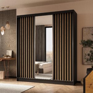 wohnli-moebel-suche-800001327299-1 SCHWEBETÜRENSCHRANK LAMELLO 180/216/61 cm 3-türig mit Spiegel Schwarz Holzwerkstoff MASSENO Möbel > Schränke > Kleiderschränke > Schwebetürenschränke Schwarz