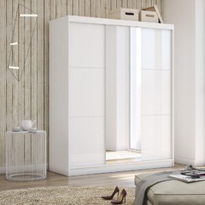 wohnli-moebel-suche-800001327301-1 SCHWEBETÜRENSCHRANK VITALE 180/216/61 cm 3-türig mit Spiegel Weiß Holzwerkstoff MASSENO Möbel > Schränke > Kleiderschränke > Schwebetürenschränke Weiß