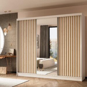 wohnli-moebel-suche-800001327303-1 SCHWEBETÜRENSCHRANK LAMELLO 240/216/61 cm 3-türig mit Spiegel Weiß Holzwerkstoff MASSENO Möbel > Schränke > Kleiderschränke > Schwebetürenschränke Weiß