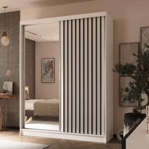 wohnli-moebel-suche-800001327307-1 SCHWEBETÜRENSCHRANK LAMELLO 160/216/61 cm 2-türig mit Spiegel Weiß Holzwerkstoff MASSENO Möbel > Schränke > Kleiderschränke > Schwebetürenschränke Weiß