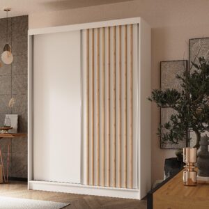 wohnli-moebel-suche-800001327327-1 SCHWEBETÜRENSCHRANK LAMELLO 150/216/61 cm 2-türig Weiß Holzwerkstoff MASSENO Möbel > Schränke > Kleiderschränke > Schwebetürenschränke Weiß