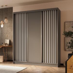 wohnli-moebel-suche-800001327329-1 SCHWEBETÜRENSCHRANK LAMELLO 180/216/61 cm 3-türig Grau Holzwerkstoff MASSENO Möbel > Schränke > Kleiderschränke > Schwebetürenschränke Grau