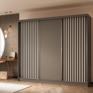 wohnli-moebel-suche-800001327333-1 SCHWEBETÜRENSCHRANK LAMELLO 240/216/61 cm 3-türig Grau Holzwerkstoff MASSENO Möbel > Schränke > Kleiderschränke > Schwebetürenschränke Grau