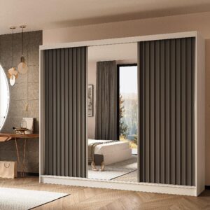 wohnli-moebel-suche-800001327336-1 SCHWEBETÜRENSCHRANK LAMELLO 240/216/61 cm 3-türig mit Spiegel Weiß Holzwerkstoff MASSENO Möbel > Schränke > Kleiderschränke > Schwebetürenschränke Weiß