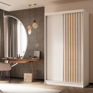 wohnli-moebel-suche-800001327340-1 SCHWEBETÜRENSCHRANK LAMELLO 120/216/61 cm 2-türig Weiß Holzwerkstoff MASSENO Möbel > Schränke > Kleiderschränke > Schwebetürenschränke Weiß