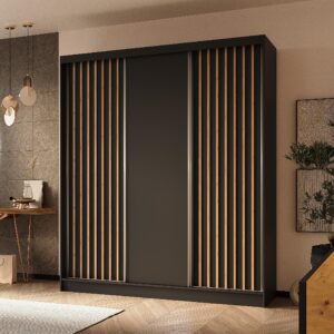 wohnli-moebel-suche-800001327343-1 SCHWEBETÜRENSCHRANK LAMELLO 180/216/61 cm 3-türig Schwarz Holzwerkstoff MASSENO Möbel > Schränke > Kleiderschränke > Schwebetürenschränke Schwarz
