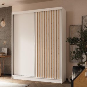 wohnli-moebel-suche-800001327346-1 SCHWEBETÜRENSCHRANK LAMELLO 160/216/61 cm 2-türig Weiß Holzwerkstoff MASSENO Möbel > Schränke > Kleiderschränke > Schwebetürenschränke Weiß