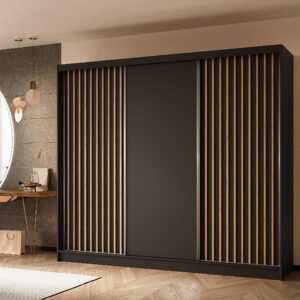 wohnli-moebel-suche-800001327350-1 SCHWEBETÜRENSCHRANK LAMELLO 240/216/61 cm 3-türig Schwarz Holzwerkstoff MASSENO Möbel > Schränke > Kleiderschränke > Schwebetürenschränke Schwarz