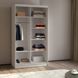 wohnli-moebel-suche-800001327354-1 SCHWEBETÜRENSCHRANK LAMELLO 120/216/61 cm 2-türig mit Spiegel Weiß Holzwerkstoff MASSENO Möbel > Schränke > Kleiderschränke > Schwebetürenschränke Weiß