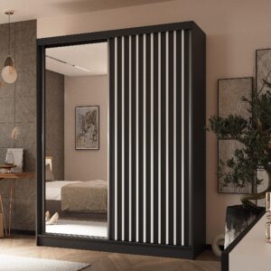 wohnli-moebel-suche-800001327357-1 SCHWEBETÜRENSCHRANK LAMELLO 160/216/61 cm 2-türig mit Spiegel Schwarz Holzwerkstoff MASSENO Möbel > Schränke > Kleiderschränke > Schwebetürenschränke Schwarz