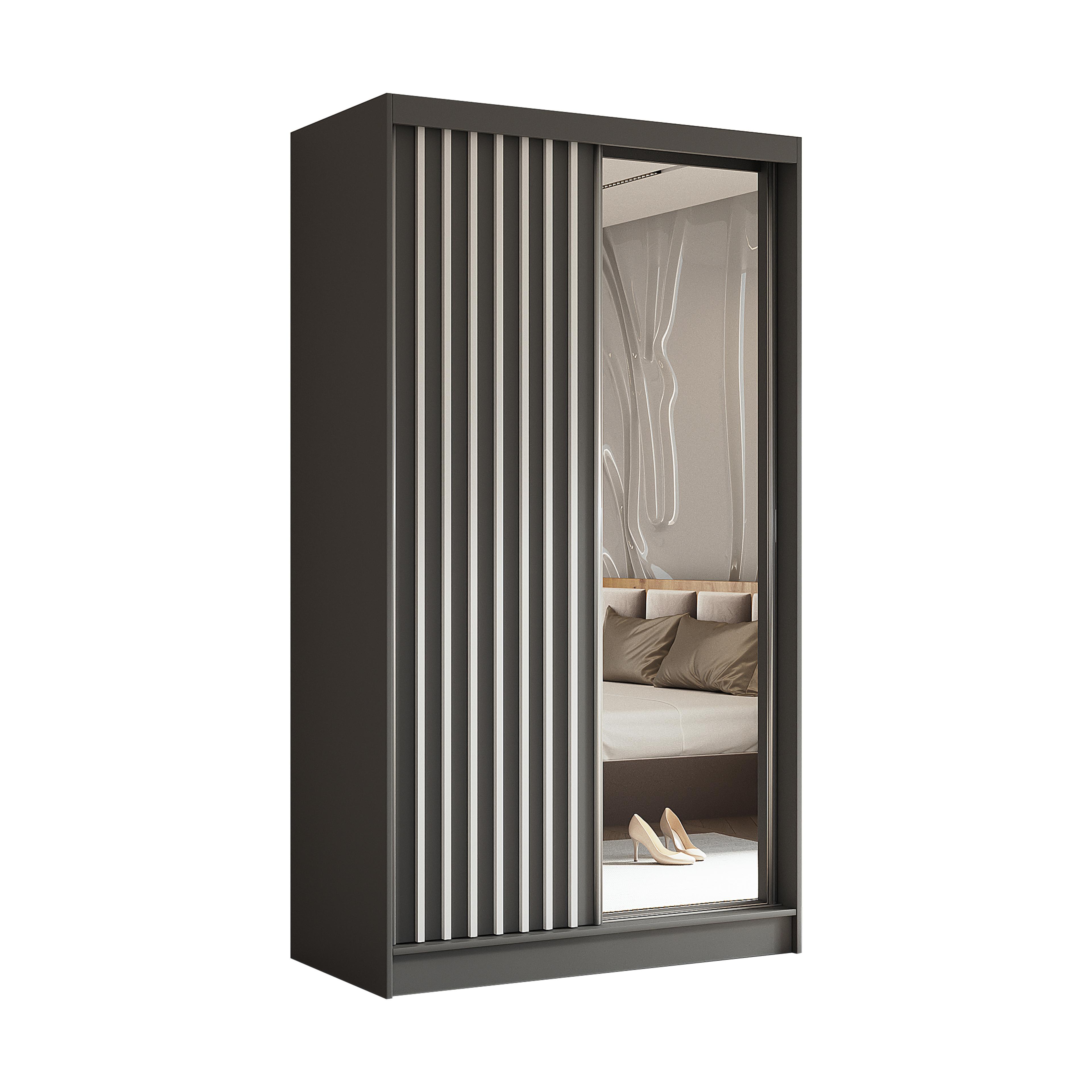 wohnli-moebel-suche-800001327360 Wohnli Möbelsuche - SCHWEBETÜRENSCHRANK LAMELLO 120/216/61 cm 2-türig mit Spiegel Grau