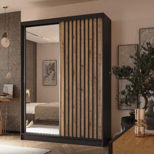 wohnli-moebel-suche-800001327368-1 SCHWEBETÜRENSCHRANK LAMELLO 150/216/61 cm 2-türig mit Spiegel Schwarz Holzwerkstoff MASSENO Möbel > Schränke > Kleiderschränke > Schwebetürenschränke Schwarz