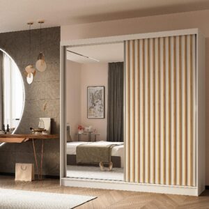 wohnli-moebel-suche-800001327373-1 SCHWEBETÜRENSCHRANK LAMELLO 200/216/61 cm 2-türig mit Spiegel Weiß Holzwerkstoff MASSENO Möbel > Schränke > Kleiderschränke > Schwebetürenschränke Weiß