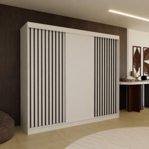 wohnli-moebel-suche-800001327385-1 SCHWEBETÜRENSCHRANK LAMELLO 240/216/61 cm 3-türig Weiß Holzwerkstoff MASSENO Möbel > Schränke > Kleiderschränke > Schwebetürenschränke Weiß