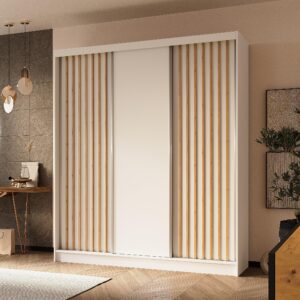 wohnli-moebel-suche-800001327390-1 SCHWEBETÜRENSCHRANK LAMELLO 180/216/61 cm 3-türig Weiß Holzwerkstoff MASSENO Möbel > Schränke > Kleiderschränke > Schwebetürenschränke Weiß