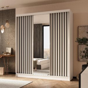wohnli-moebel-suche-800001327392-1 SCHWEBETÜRENSCHRANK LAMELLO 180/216/61 cm 3-türig mit Spiegel Weiß Holzwerkstoff MASSENO Möbel > Schränke > Kleiderschränke > Schwebetürenschränke Weiß