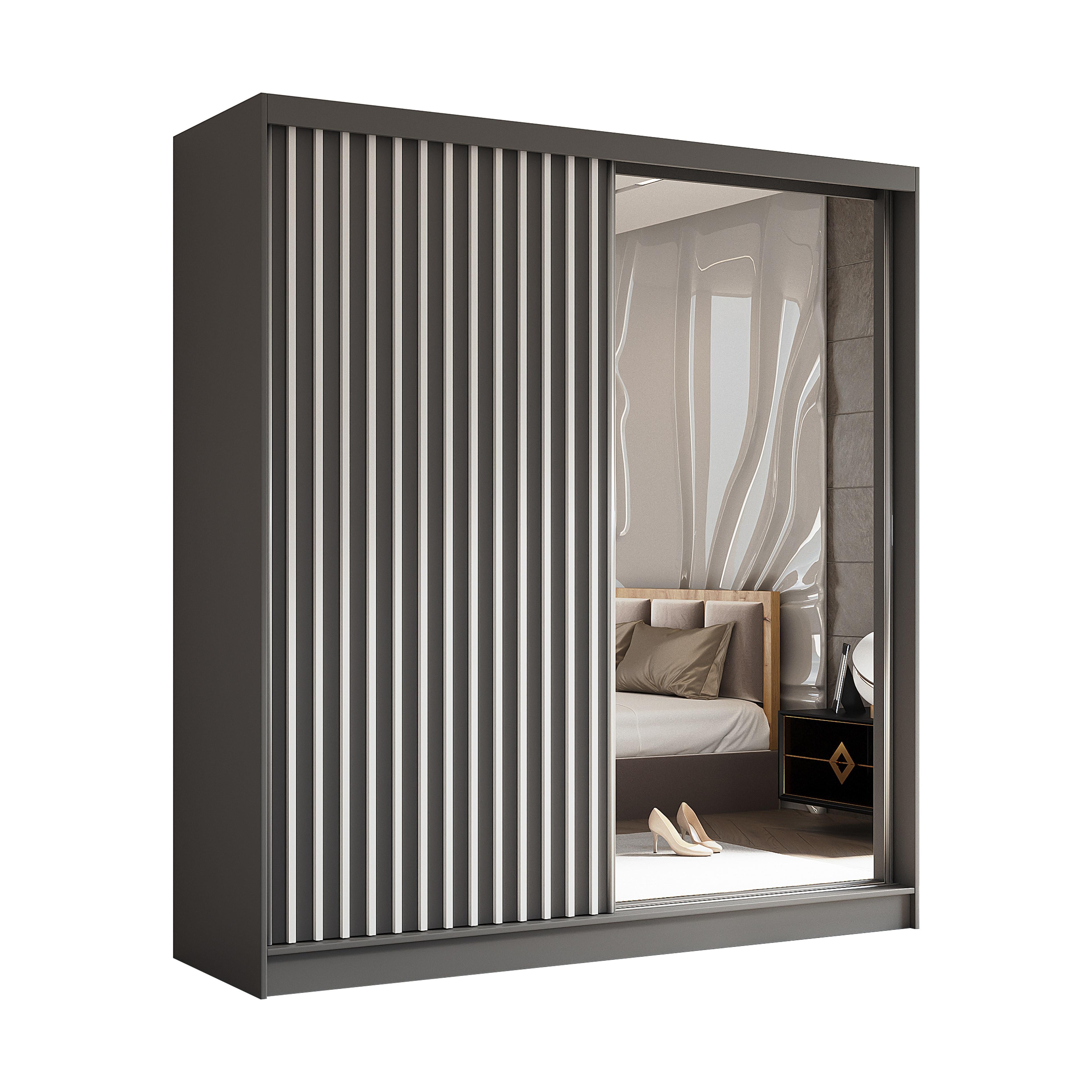 wohnli-moebel-suche-800001327400 Wohnli Möbelsuche - SCHWEBETÜRENSCHRANK LAMELLO 200/216/61 cm 2-türig mit Spiegel Grau