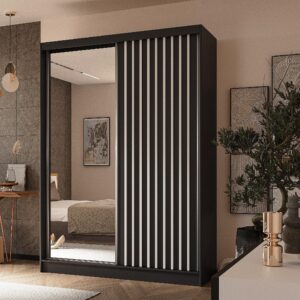 wohnli-moebel-suche-800001327404-1 SCHWEBETÜRENSCHRANK LAMELLO 150/216/61 cm 2-türig mit Spiegel Schwarz Holzwerkstoff MASSENO Möbel > Schränke > Kleiderschränke > Schwebetürenschränke Schwarz