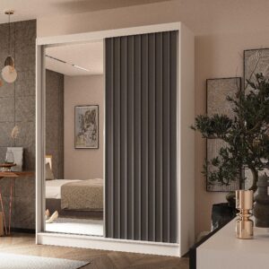 wohnli-moebel-suche-800001327425-1 SCHWEBETÜRENSCHRANK LAMELLO 150/216/61 cm 2-türig mit Spiegel Weiß Holzwerkstoff MASSENO Möbel > Schränke > Kleiderschränke > Schwebetürenschränke Weiß
