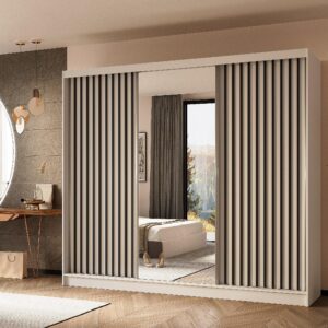 wohnli-moebel-suche-800001327430-1 SCHWEBETÜRENSCHRANK LAMELLO 240/216/61 cm 3-türig mit Spiegel Weiß Holzwerkstoff MASSENO Möbel > Schränke > Kleiderschränke > Schwebetürenschränke Weiß
