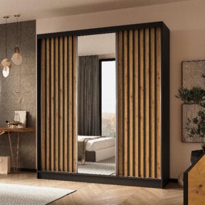 wohnli-moebel-suche-800001327434-1 SCHWEBETÜRENSCHRANK LAMELLO 180/216/61 cm 3-türig mit Spiegel Schwarz Holzwerkstoff MASSENO Möbel > Schränke > Kleiderschränke > Schwebetürenschränke Schwarz