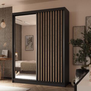 wohnli-moebel-suche-800001327443-1 SCHWEBETÜRENSCHRANK LAMELLO 160/216/61 cm 2-türig mit Spiegel Schwarz Holzwerkstoff MASSENO Möbel > Schränke > Kleiderschränke > Schwebetürenschränke Schwarz