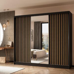 wohnli-moebel-suche-800001327446-1 SCHWEBETÜRENSCHRANK LAMELLO 240/216/61 cm 3-türig mit Spiegel Schwarz Holzwerkstoff MASSENO Möbel > Schränke > Kleiderschränke > Schwebetürenschränke Schwarz