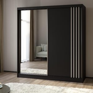 wohnli-moebel-suche-800001327650-1 SCHWEBETÜRENSCHRANK NELVIA 200/216/61 cm 2-türig mit Spiegel Schwarz Holzwerkstoff MASSENO Möbel > Schränke > Kleiderschränke > Schwebetürenschränke Schwarz