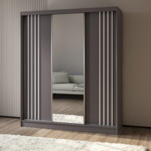 wohnli-moebel-suche-800001327666-1 SCHWEBETÜRENSCHRANK NELVIA 180/216/61 cm 3-türig mit Spiegel Grau Holzwerkstoff MASSENO Möbel > Schränke > Kleiderschränke > Schwebetürenschränke Grau