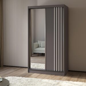 wohnli-moebel-suche-800001327670-1 SCHWEBETÜRENSCHRANK NELVIA 120/216/61 cm 2-türig mit Spiegel Grau Holzwerkstoff MASSENO Möbel > Schränke > Kleiderschränke > Schwebetürenschränke Grau