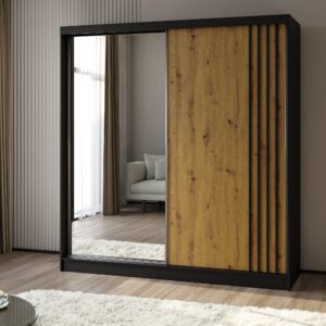 wohnli-moebel-suche-800001327676-1 SCHWEBETÜRENSCHRANK NELVIA 200/216/61 cm 2-türig mit Spiegel Schwarz Holzwerkstoff MASSENO Möbel > Schränke > Kleiderschränke > Schwebetürenschränke Schwarz