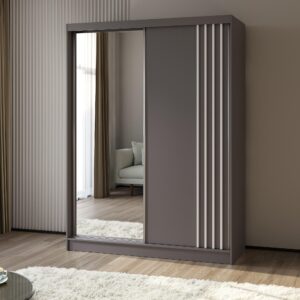 wohnli-moebel-suche-800001327679-1 SCHWEBETÜRENSCHRANK NELVIA 160/216/61 cm 2-türig mit Spiegel Grau Holzwerkstoff MASSENO Möbel > Schränke > Kleiderschränke > Schwebetürenschränke Grau