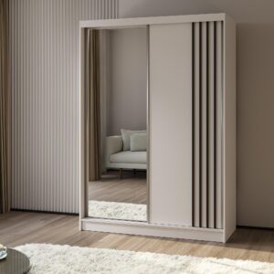 wohnli-moebel-suche-800001327682-1 SCHWEBETÜRENSCHRANK NELVIA 150/216/61 cm 2-türig mit Spiegel Weiß Holzwerkstoff MASSENO Möbel > Schränke > Kleiderschränke > Schwebetürenschränke Weiß