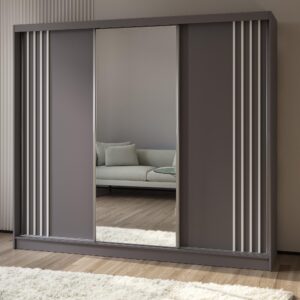 wohnli-moebel-suche-800001327685-1 SCHWEBETÜRENSCHRANK NELVIA 240/216/61 cm 3-türig mit Spiegel Grau Holzwerkstoff MASSENO Möbel > Schränke > Kleiderschränke > Schwebetürenschränke Grau