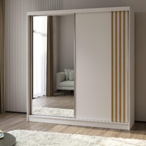 wohnli-moebel-suche-800001327690-1 SCHWEBETÜRENSCHRANK NELVIA 200/216/61 cm 2-türig mit Spiegel Weiß Holzwerkstoff MASSENO Möbel > Schränke > Kleiderschränke > Schwebetürenschränke Weiß