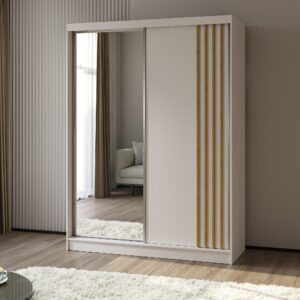wohnli-moebel-suche-800001327694-1 SCHWEBETÜRENSCHRANK NELVIA 160/216/61 cm 2-türig mit Spiegel Weiß Holzwerkstoff MASSENO Möbel > Schränke > Kleiderschränke > Schwebetürenschränke Weiß