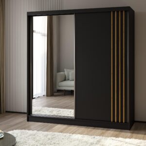 SCHWEBETÜRENSCHRANK NELVIA 200/216/61 cm 2-türig mit Spiegel Schwarz Holzwerkstoff MASSENO Möbel > Schränke > Kleiderschränke > Schwebetürenschränke Schwarz
